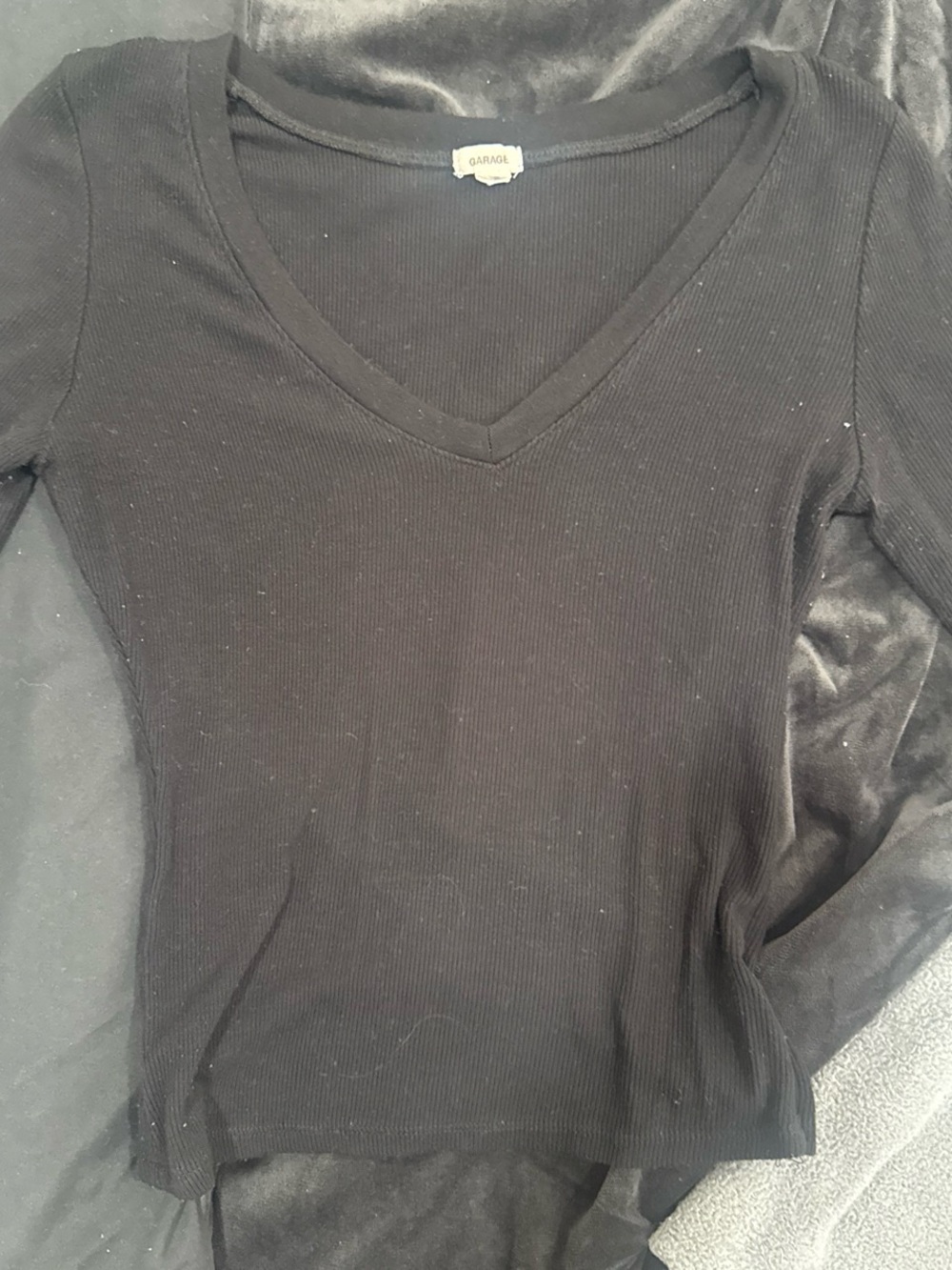 Garage Black Ribbed V-Neck Long Sleeve Top